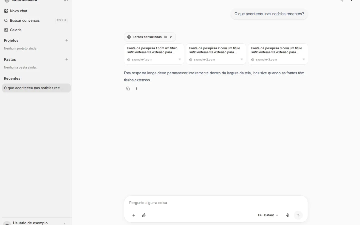 Resposta de conversa com a seção Fontes da busca organizada em cartões
