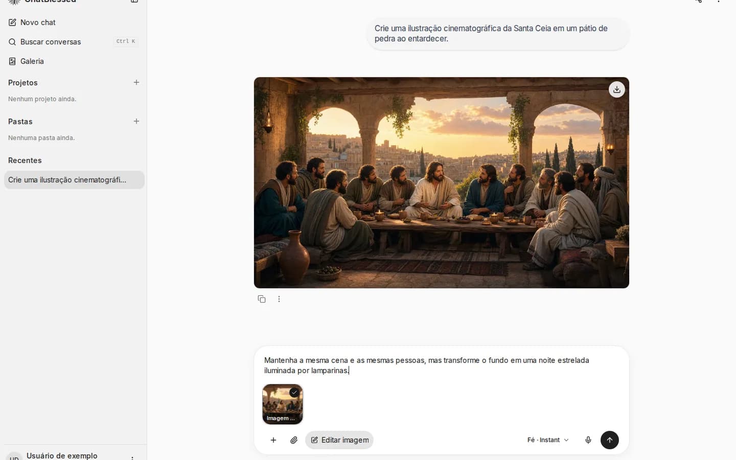 Compositor de edição com a imagem original selecionada como fonte e um pedido para transformar o cenário em noite
