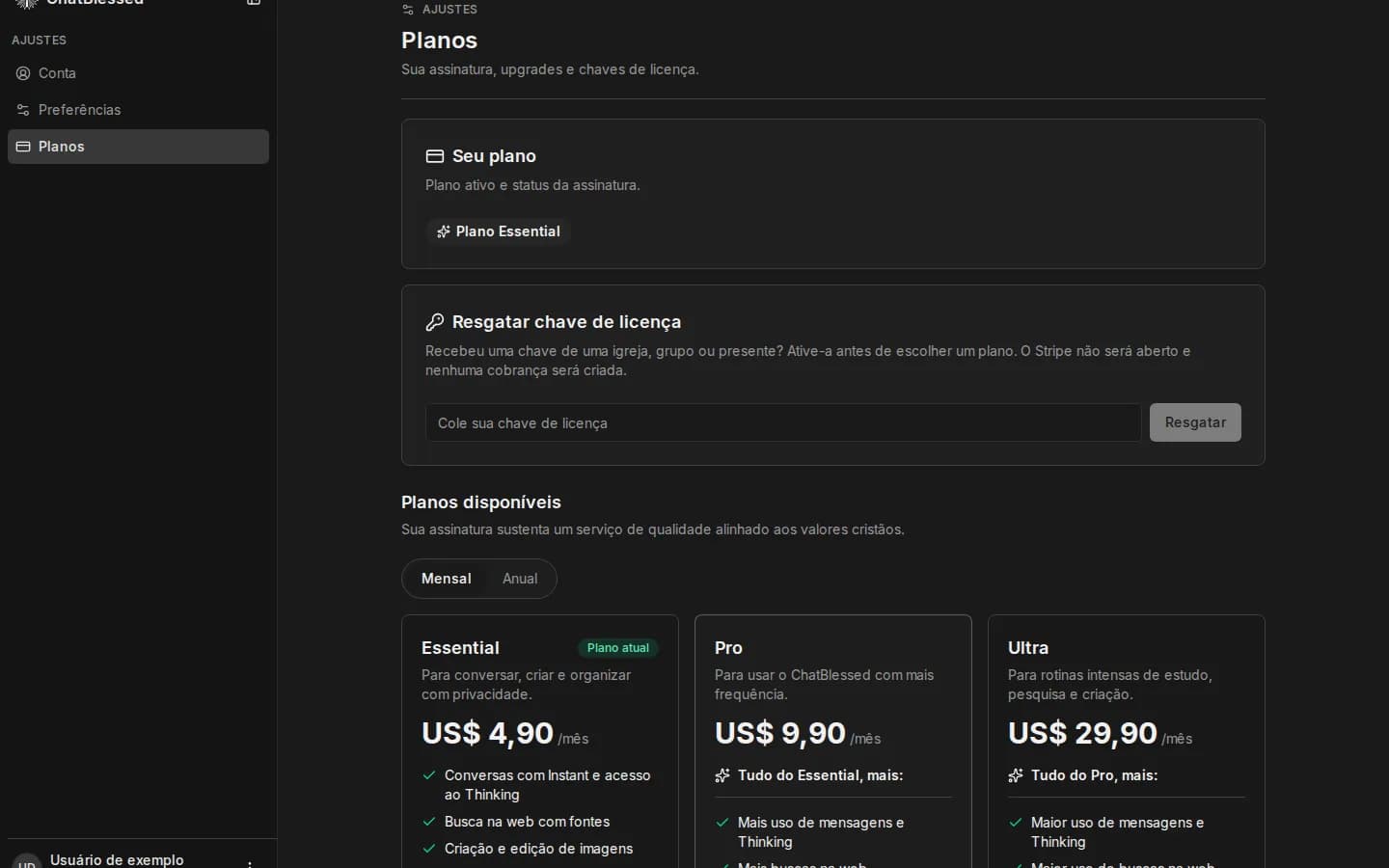 Configurações de planos mostrando o acesso atual e as opções Essential, Pro e Ultra