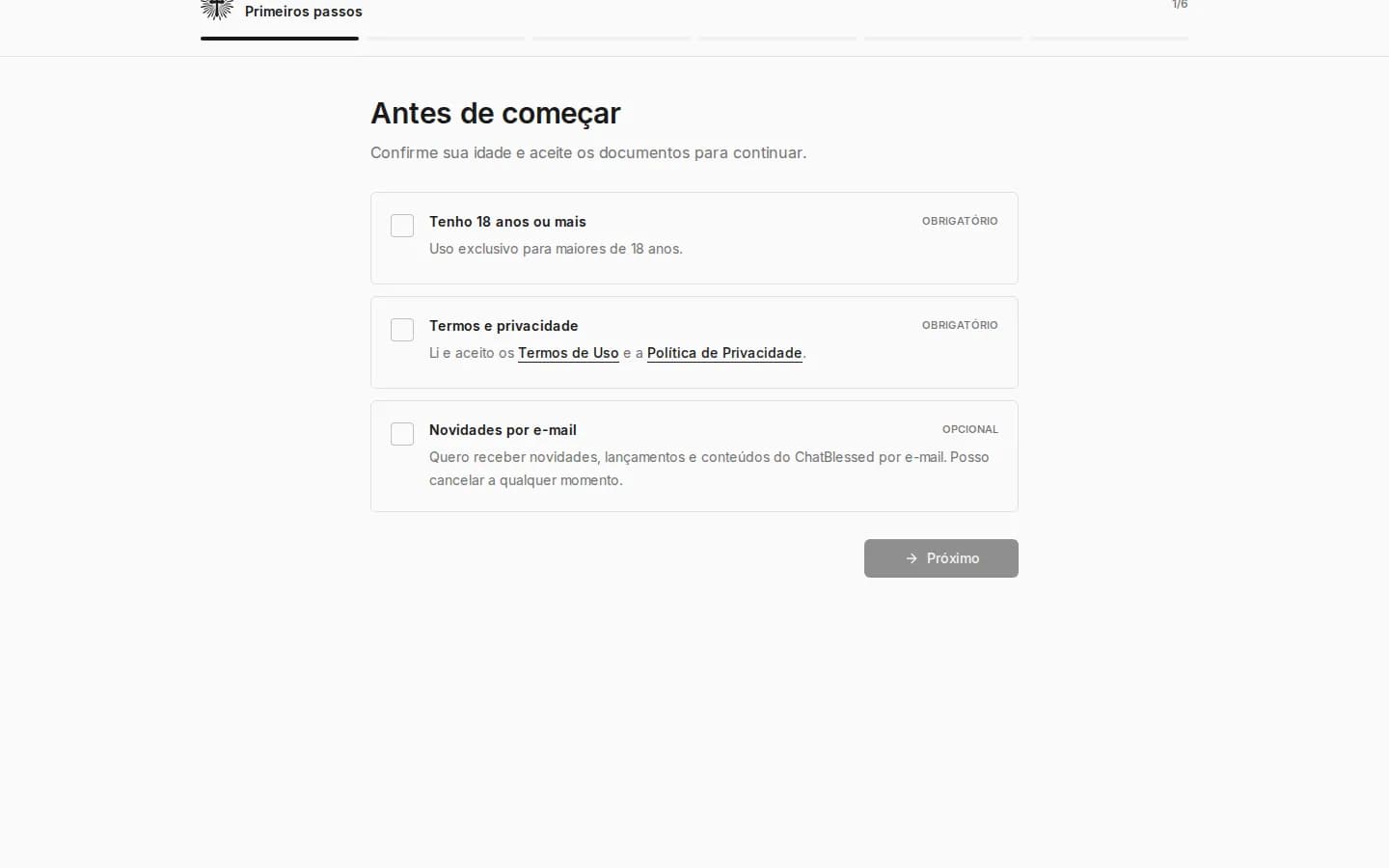 Primeira etapa do onboarding com confirmação de idade, aceite legal e autorização opcional de novidades