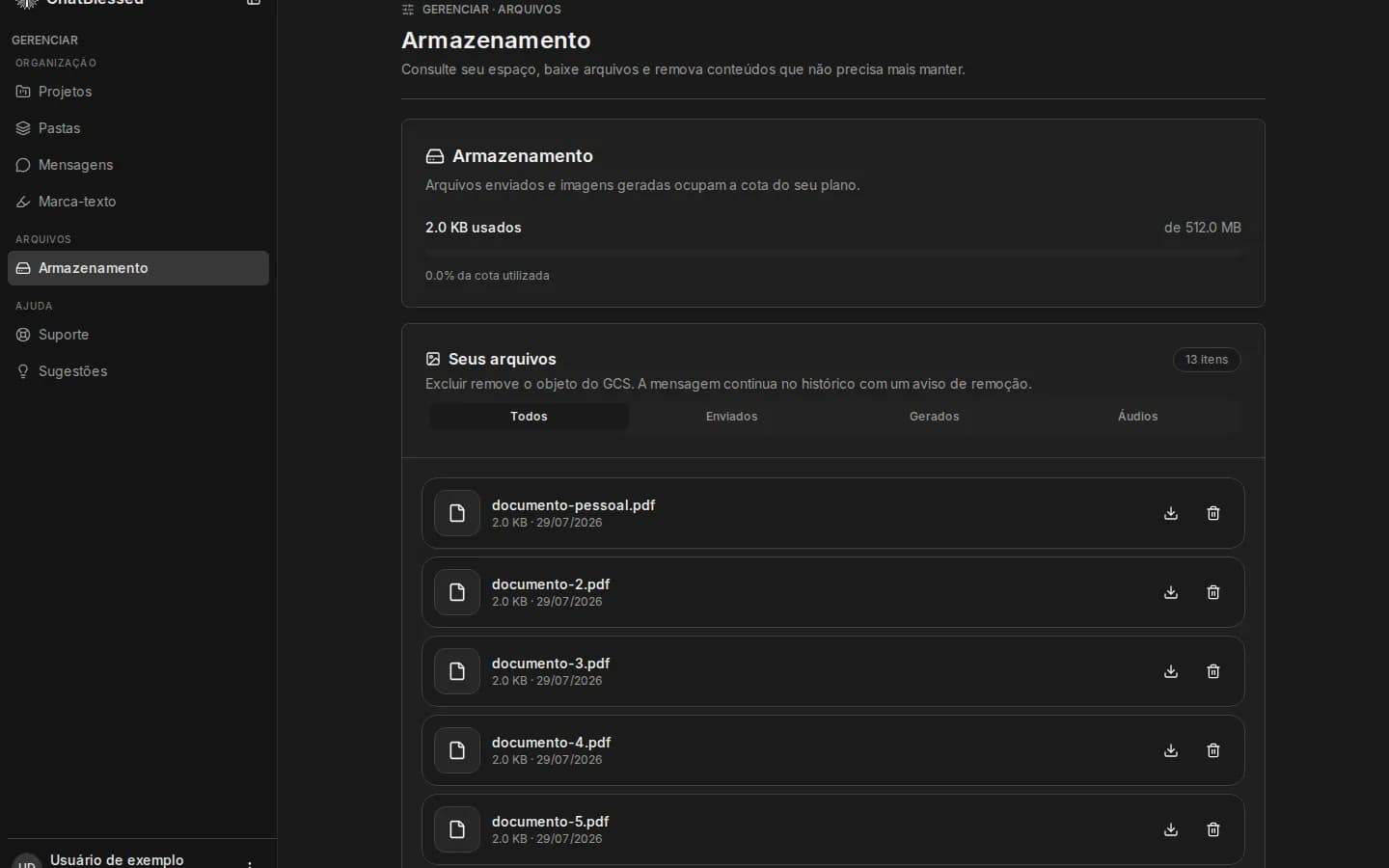 Gerenciador de armazenamento com uso total, filtros e lista paginada de arquivos