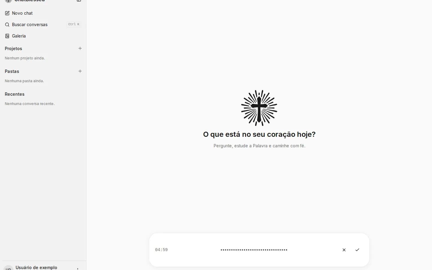 Compositor durante uma gravação de voz com forma de onda, contador e botões de cancelar e confirmar
