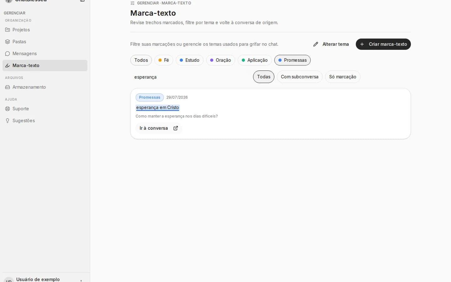 Gerenciador de marca-textos filtrado pelo tema Promessas e pela busca esperança