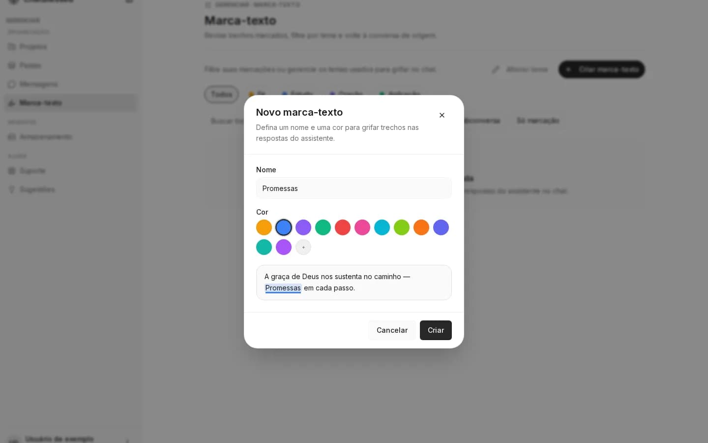 Janela Novo marca-texto preenchida com o tema Promessas, seletor de cores e prévia do sublinhado