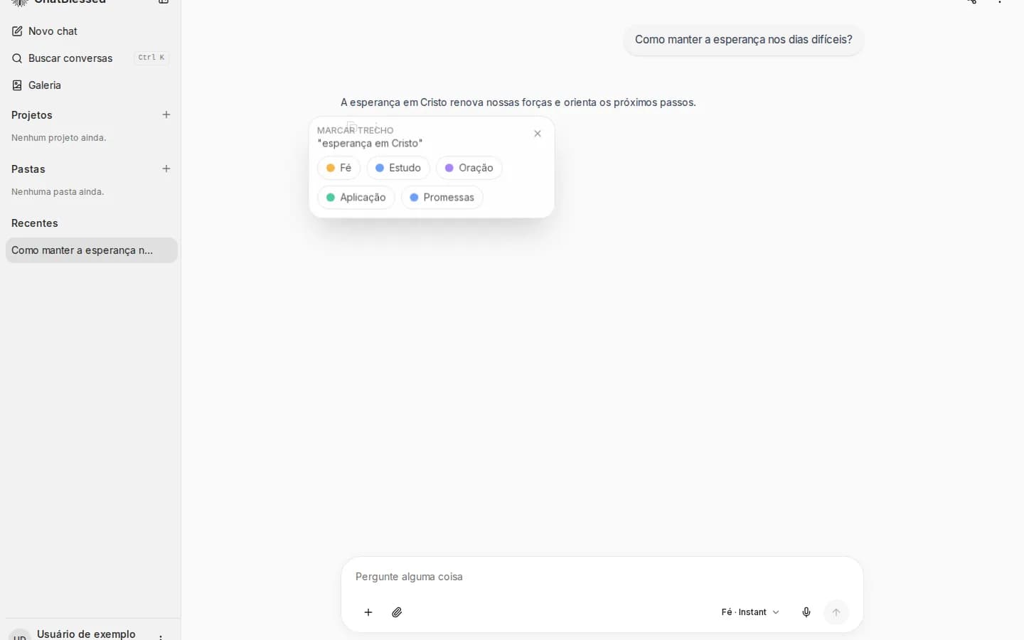 Resposta do ChatBlessed com o trecho esperança em Cristo selecionado e balão exibindo temas coloridos