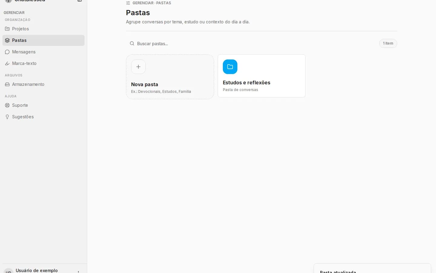 Tela Gerenciar mostrando a pasta Estudos e reflexões com ações de editar e excluir