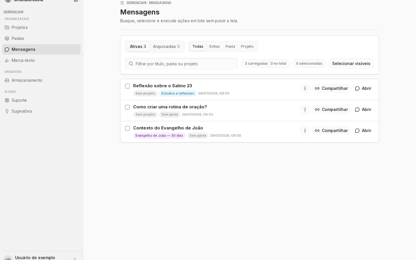 Tela Gerenciar Mensagens com filtros e conversas organizadas como solta, em pasta e em projeto